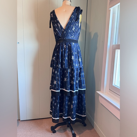 Self Portrait Deep V Navy Star Print Dress with 3 Tiered Skirt - Picture 5 of 8